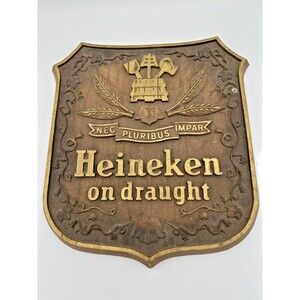 Vintage Heineken “On Draught” Wood Wall Plaque 12.5″ Bar Decor